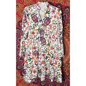 Sunday Up Boutique L Day Of The DeadTiered Ruffle Sleeve MIDI Dress Cactus Skull